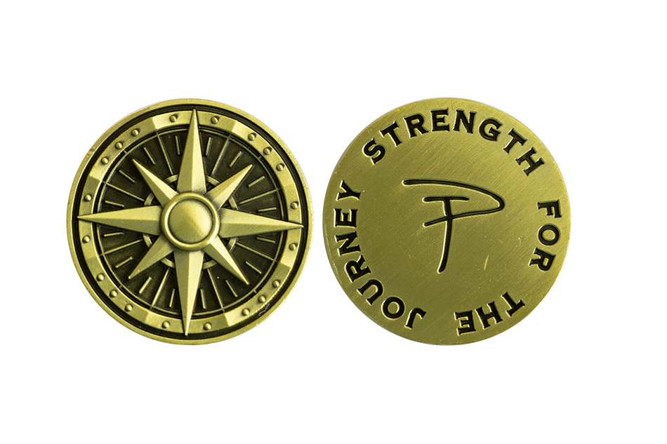 Custom Compass Coins. Antique Bronze Coins in Antique Finish. Affordable Custom Coins