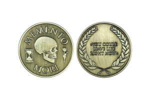 Custom Brass Coin in Antique Finish. Memento Mori Coin with iconic design.