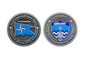 Custom Challenge Coins minted in Silver Antique with blue and white hard enamel colours and a special border design. Coins minted for NATO