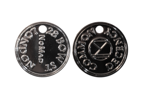 Custom Coins with a hole. Black Nickel Coins in Polished Finish