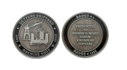Custom Company Coins made from German Silver Antique with Black Soft Enamel