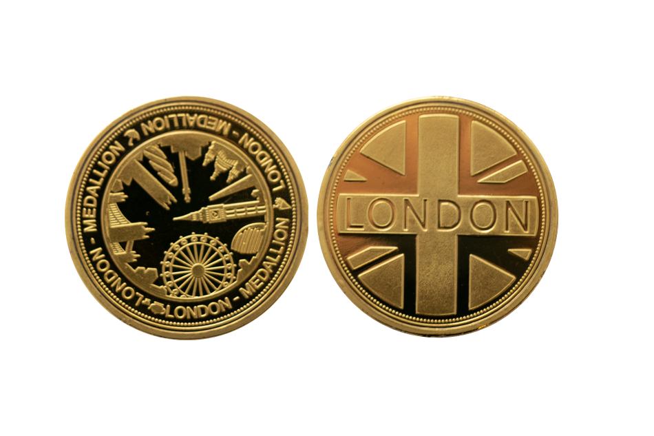 Design your own metal coins. Custom Gold Coins in Polished Plate. London Coins, Bespoke Coins
