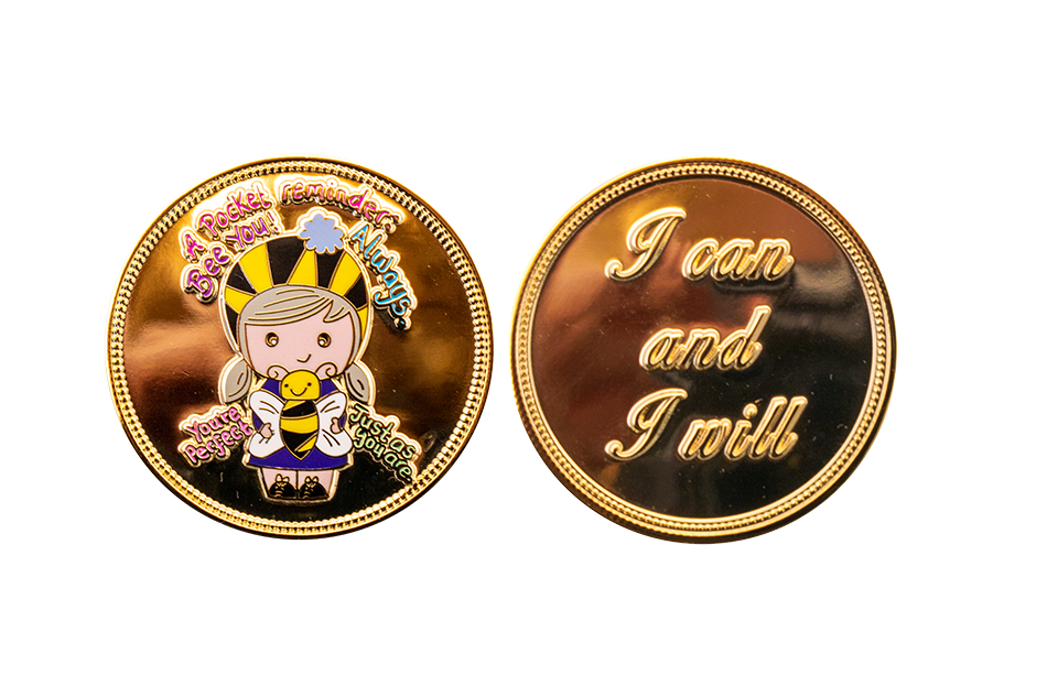 Golden Coin as a Personalised Gift with Soft Enamel Colour Details and Motivational Message