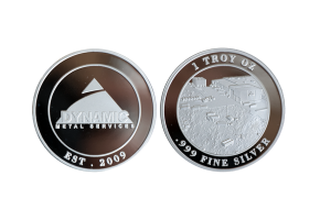 Custom Company Coins. 1 Troy Ounce .999 Fine Silver Coins. Branded Coins in Polished Plate