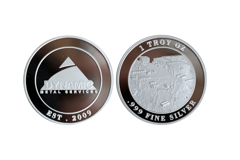 Custom Company Coins. 1 Troy Ounce .999 Fine Silver Coins. Branded Coins in Polished Plate
