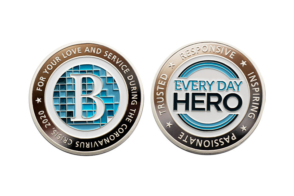 Custom Silver Coins_Polished Plate_soft enamel_Every Day Hero. Personalised Coins for Employee Recognition