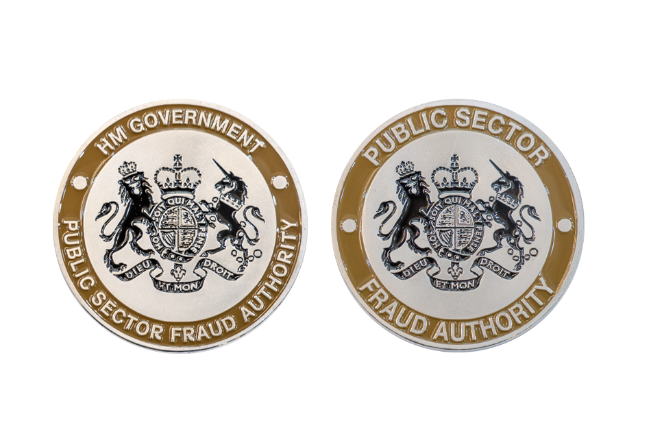 HM Government Coins. Custom Silver Coins with Yellow Soft Enamel.