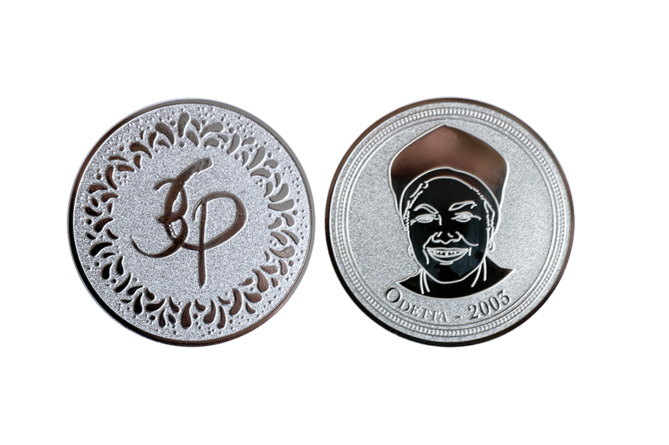 Festival coins with custom designs made from Silver in sandblasted and polished finish_Odetta coins