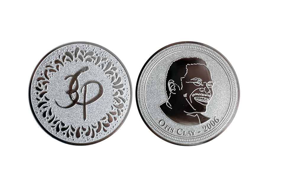 Festival coins with custom designs made from Silver in sandblasted and polished finish_Otis Clay coins