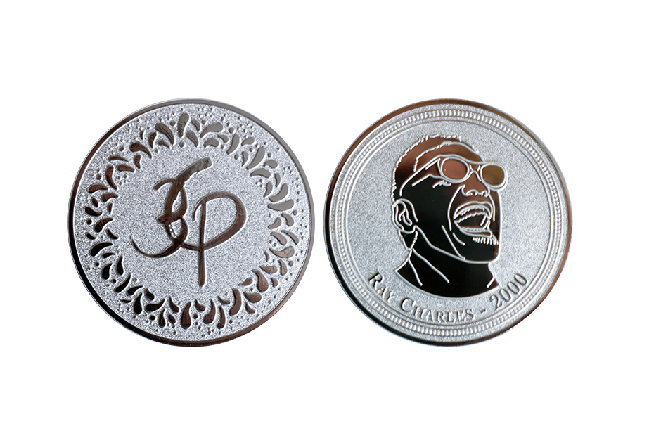 Festival coins with custom designs made from Silver in sandblasted and polished finish_Ray Charles Coins