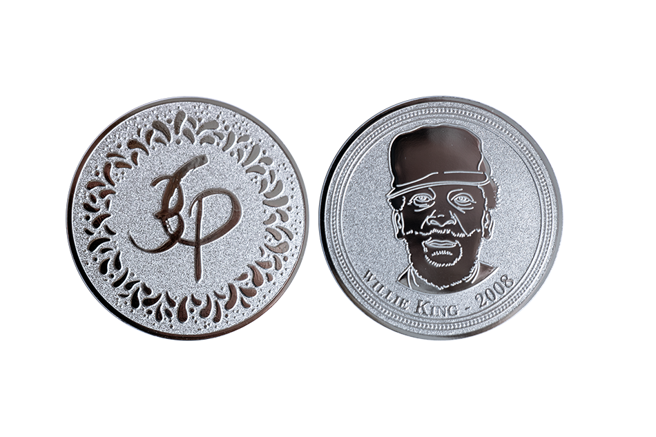 Festival coins with custom designs made from Silver in sandblasted and polished finish_Willie King coins