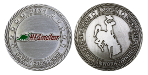 Fine Silver Antiqued coin with logo and wavy border embossed_soft enamel highlights