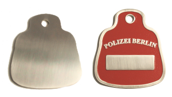 Police ID Tag Film coins_ Replica coin for a Film Production. Minted in Silver colored polished metal and red metal polish