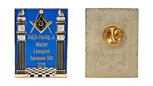 Rectangular pin with custom design and enamel coloured details for personalised employee recognition