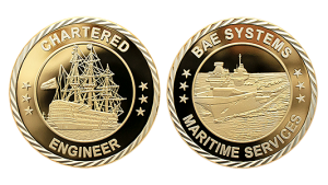 Custom challenge coin for maritime services, minted in Gold with polished plate finish