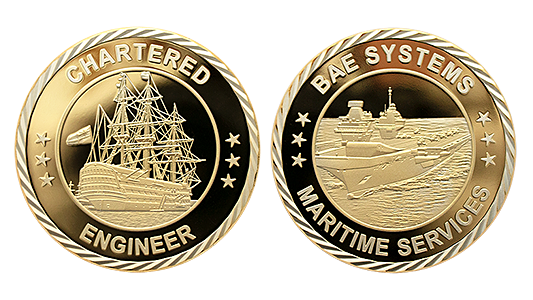 Custom challenge coin for maritime services, minted in Gold with polished plate finish