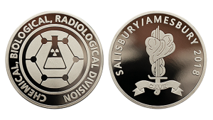 Custom-minted university coins in Silver polished plate. Coins for professors and researchers of the Salisbury-Amesbury Chemical, Biological, Radiological Division