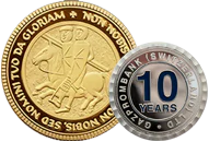 Pure gold and silver custom coins: a gold knight coin and a silver 10-year anniversary coin