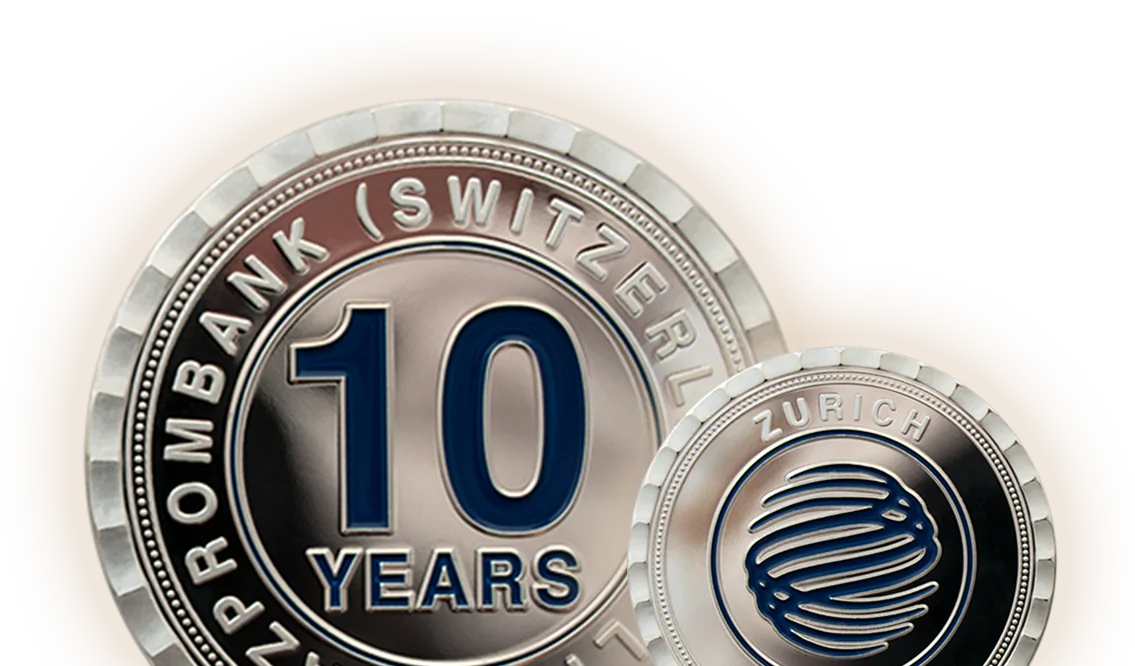 Silver 10-year anniversary coins for Gazprombank Switzerland