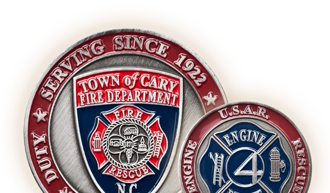 Town of Cary Fire Department challenge coins with enamel colors