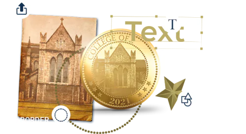 Coin configurator preview showing a custom college coin design with a text box and star
